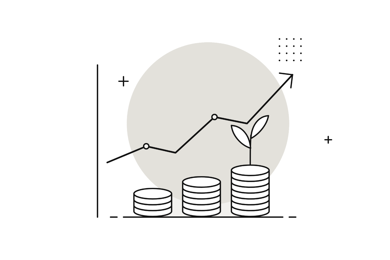 Illustration: Münzstapel mit Pflanze und steigender Kurve für Altersvorsorge und Investments