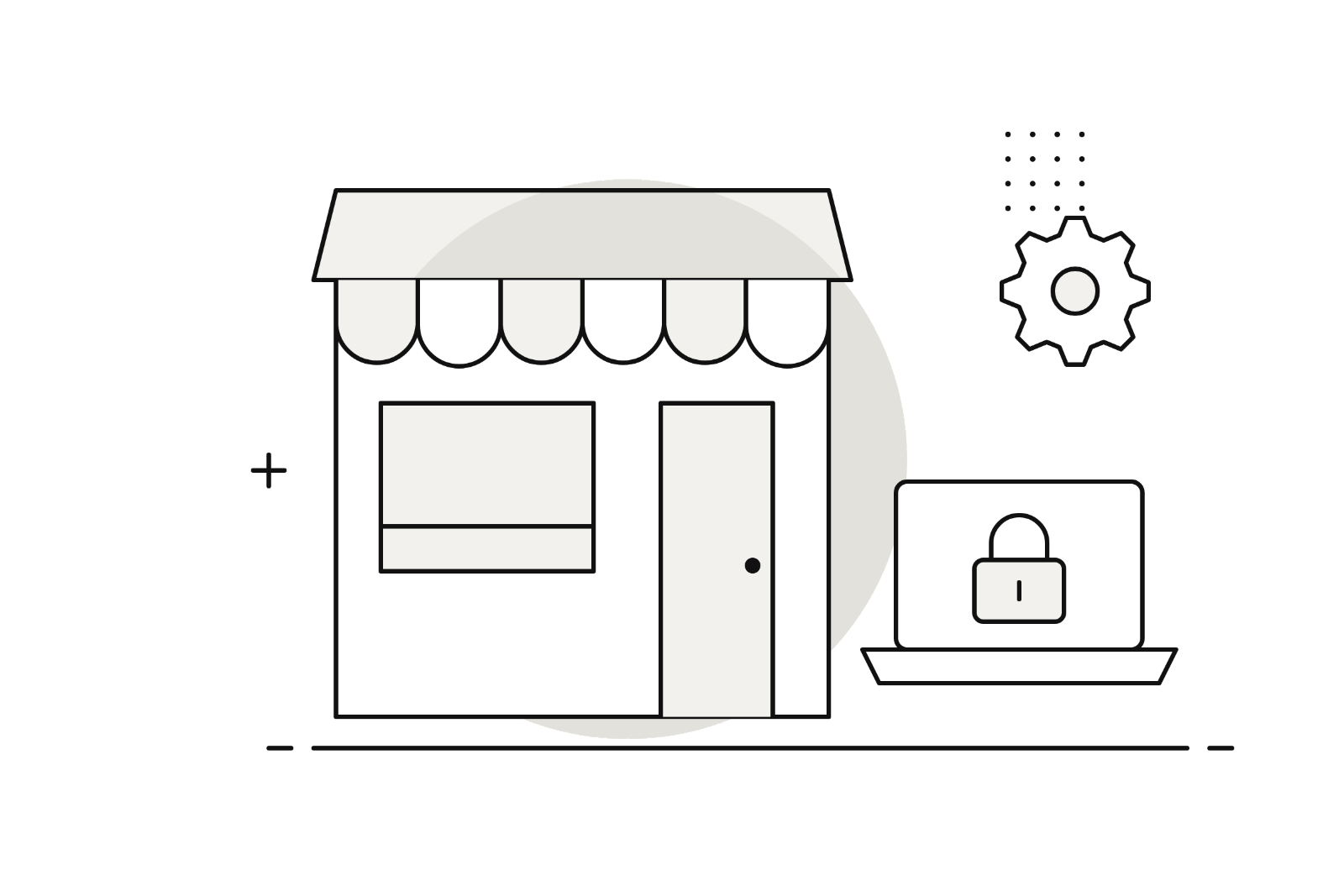 Illustration: Ladengeschäft mit Laptop für Gewerbe- und Betriebsversicherungen
